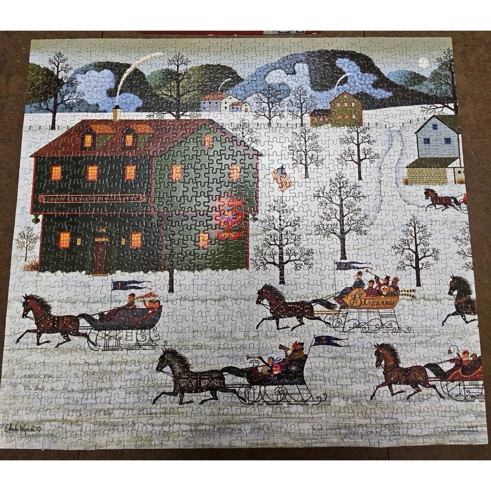 VTG Charles Wysocki 1000 Piece Puzzle SLEIGH RACE Americana Hasbro MB Complete - Picture 2 of 13